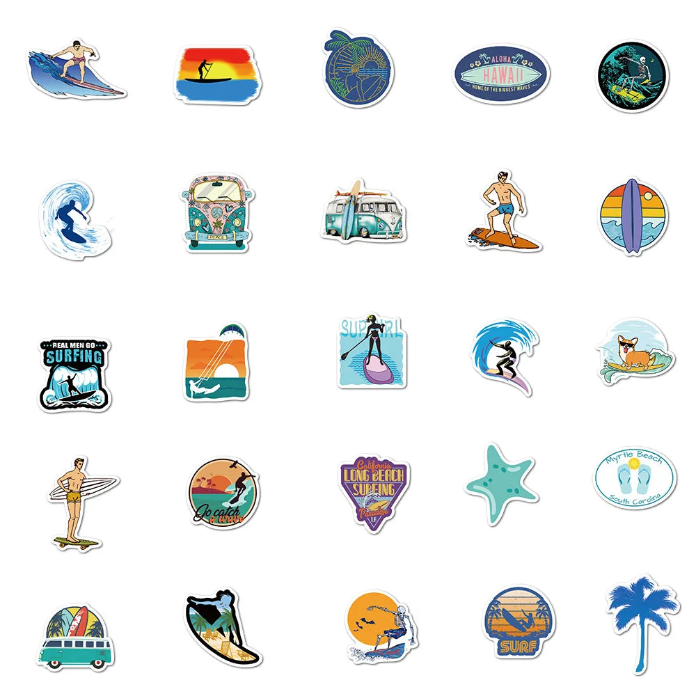 Adesivos de Surf de Verão Adesivo de Surf de Praia Adesivo À Prova D'Água DIY Prancha de Surf Bagagem Carro Bicicleta Garrafa de Água Adesivo Decalque 10/30/50PCS