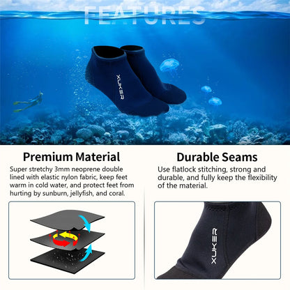 Meias de neoprene de 3 mm para vôlei de praia, mergulho, natação, surfe, mergulho com snorkel, caiaque, rafting, botas aquáticas, pontos flatlock, cano curto.
