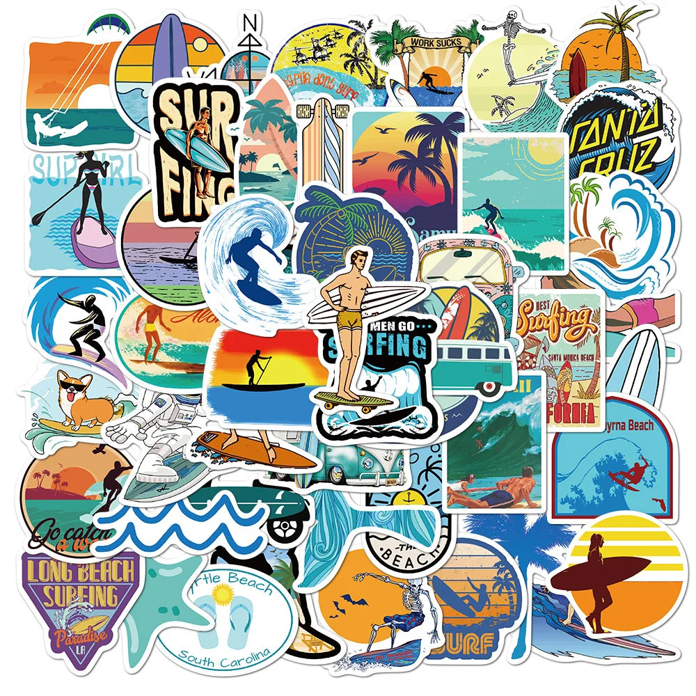 Adesivos de Surf de Verão Adesivo de Surf de Praia Adesivo À Prova D'Água DIY Prancha de Surf Bagagem Carro Bicicleta Garrafa de Água Adesivo Decalque 10/30/50PCS