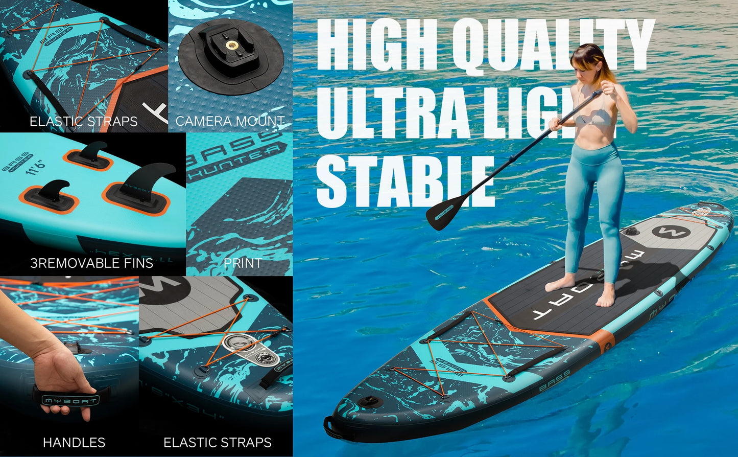 Prancha de SUP inflável extra larga à prova d'água Myboat 11'6''x34''x6'', estilo adulto em pé, pesca aquática com acessórios SUP