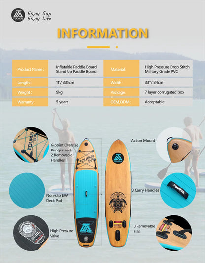 Prancha de SUP TOURUS de madeira azul de camada dupla YOGA prancha de stand up paddle inflável estável 11 pés 33 polegadas