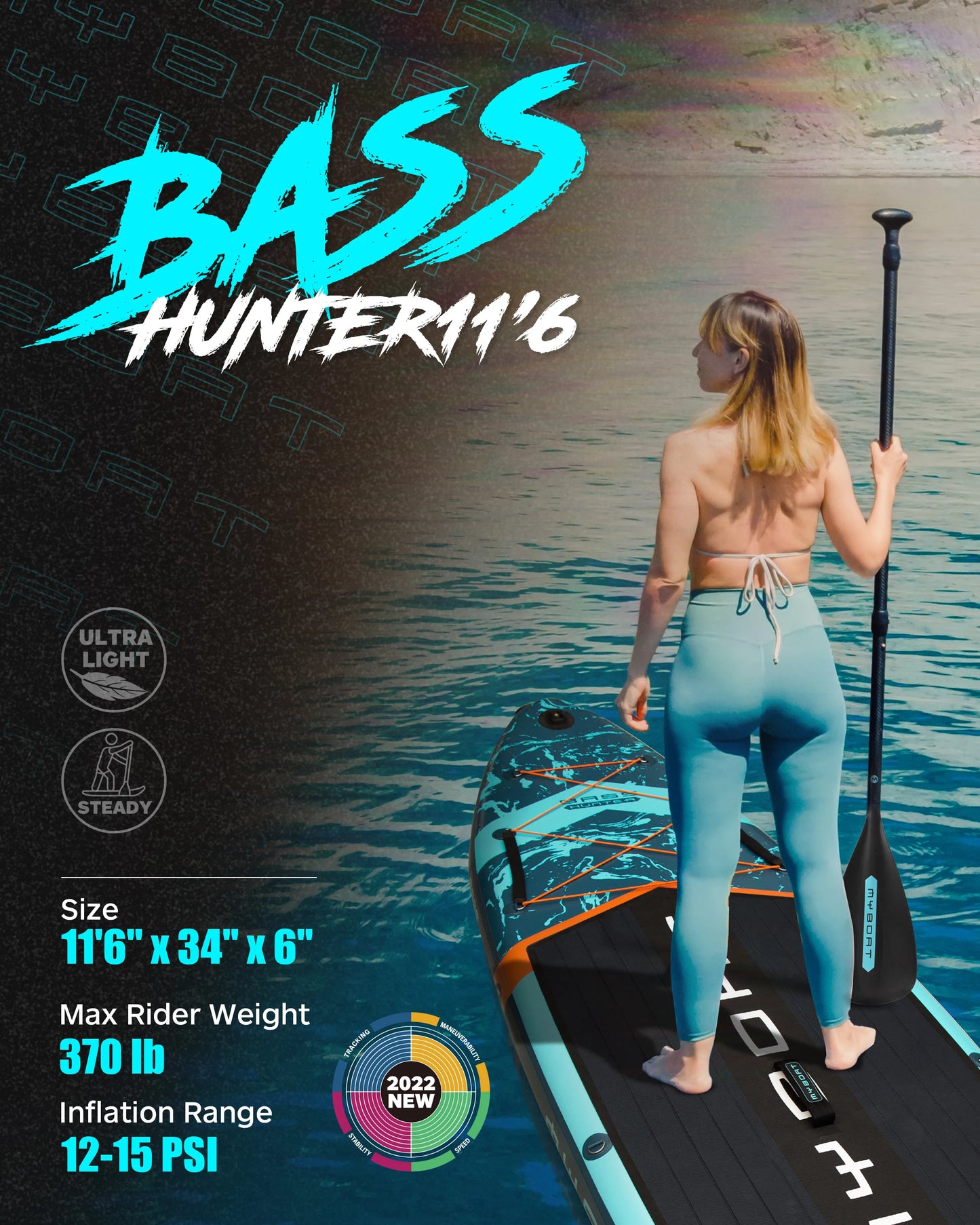 Prancha de SUP inflável extra larga à prova d'água Myboat 11'6''x34''x6'', estilo adulto em pé, pesca aquática com acessórios SUP